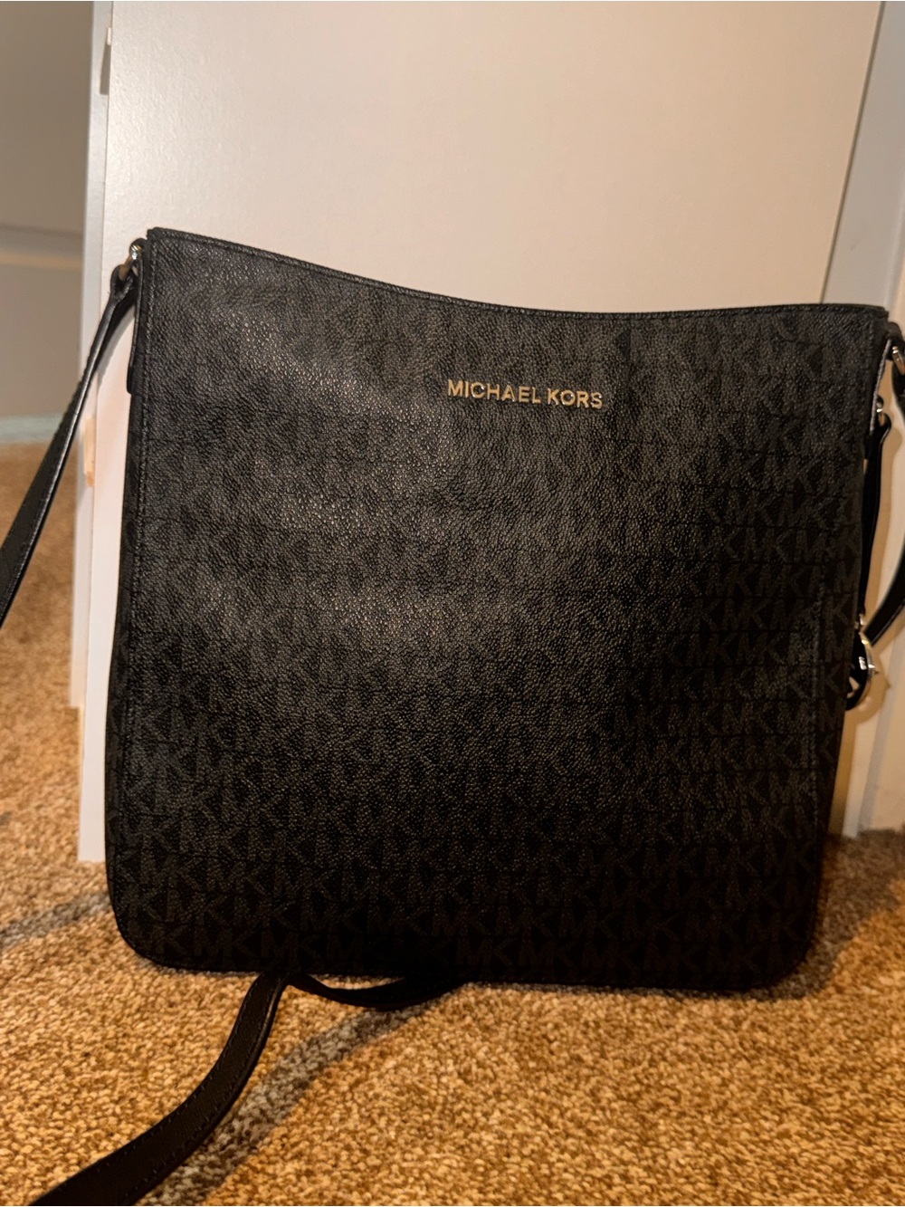 Michael Kors Black Logo-Print Messenger Bag with Gold Hardware